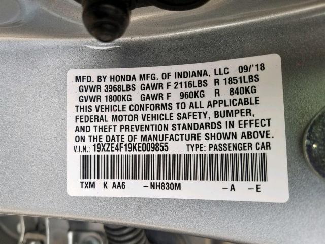 19XZE4F19KE009855 - 2019 HONDA INSIGHT LX SILVER photo 10