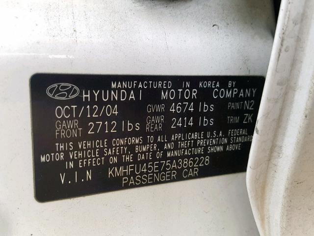 KMHFU45E75A386228 - 2005 HYUNDAI XG 350 WHITE photo 10