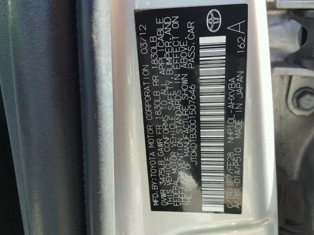 JTDKDTB30C1507646 - 2012 TOYOTA PRIUS C SILVER photo 10