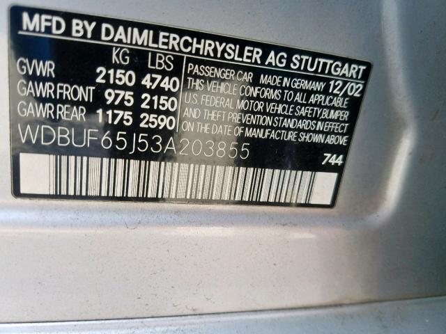 WDBUF65J53A203855 - 2003 MERCEDES-BENZ E 320 SILVER photo 10