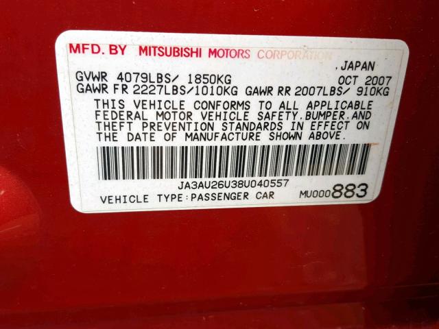 JA3AU26U38U040557 - 2008 MITSUBISHI LANCER ES RED photo 10