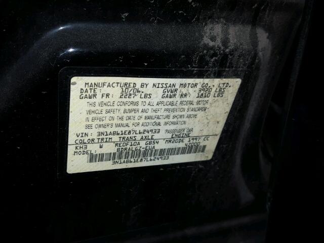 3N1AB61E87L624933 - 2007 NISSAN SENTRA 2.0 BLACK photo 10