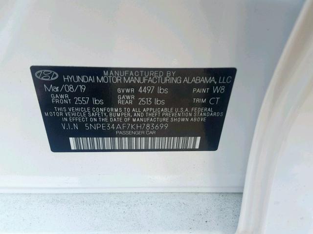 5NPE34AF7KH783699 - 2019 HYUNDAI SONATA LIM WHITE photo 10