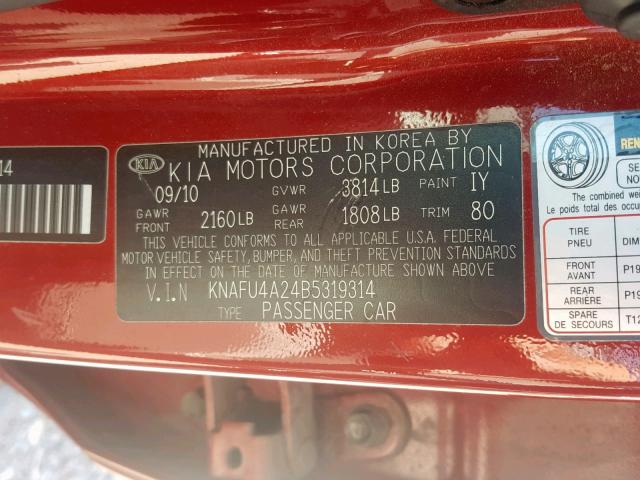 KNAFU4A24B5319314 - 2011 KIA FORTE EX RED photo 10