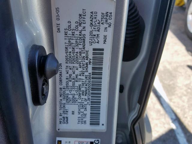 JTJBT20X550083664 - 2005 LEXUS GX 470 GRAY photo 10