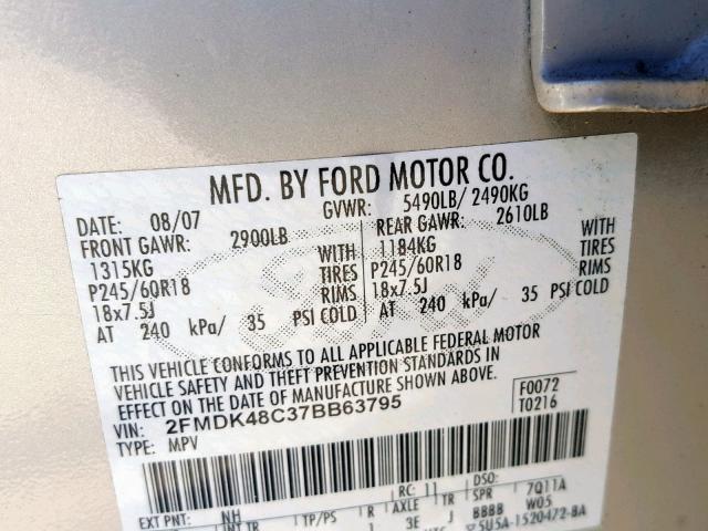 2FMDK48C37BB63795 - 2007 FORD EDGE SEL CREAM photo 10