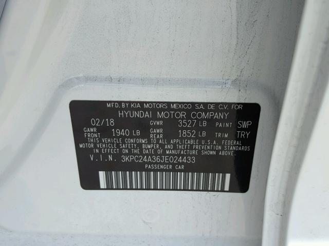 3KPC24A36JE024433 - 2018 HYUNDAI ACCENT SEL WHITE photo 10