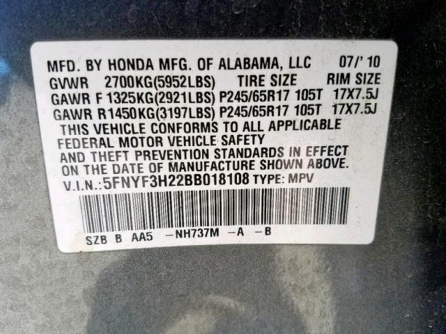 5FNYF3H22BB018108 - 2011 HONDA PILOT LX GRAY photo 10