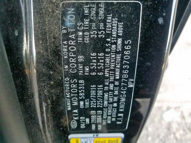 KNDMG4C77B6370665 - 2011 KIA SEDONA LX BLACK photo 10