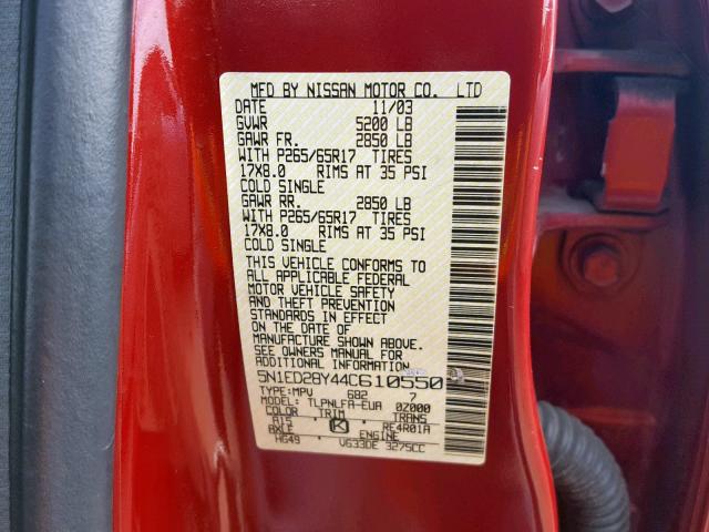 5N1ED28Y44C610550 - 2004 NISSAN XTERRA XE RED photo 10