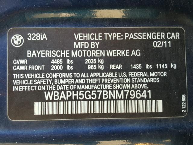 WBAPH5G57BNM79641 - 2011 BMW 328 I SULE BLUE photo 10