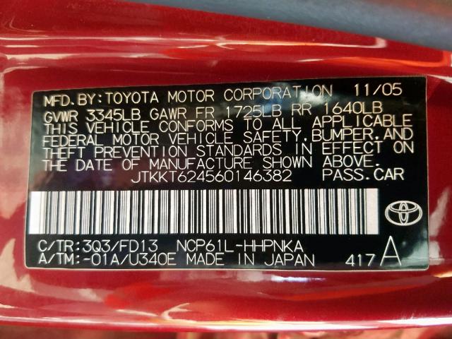 JTKKT624560146382 - 2006 TOYOTA SCION XA RED photo 10