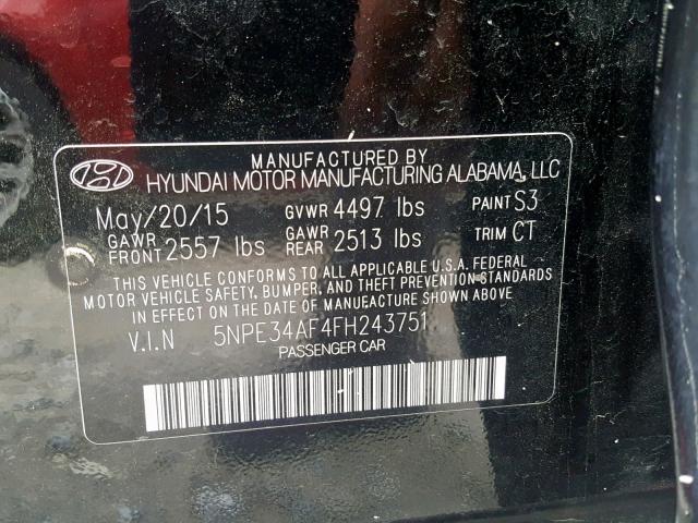 5NPE34AF4FH243751 - 2015 HYUNDAI SONATA SPO BLACK photo 10