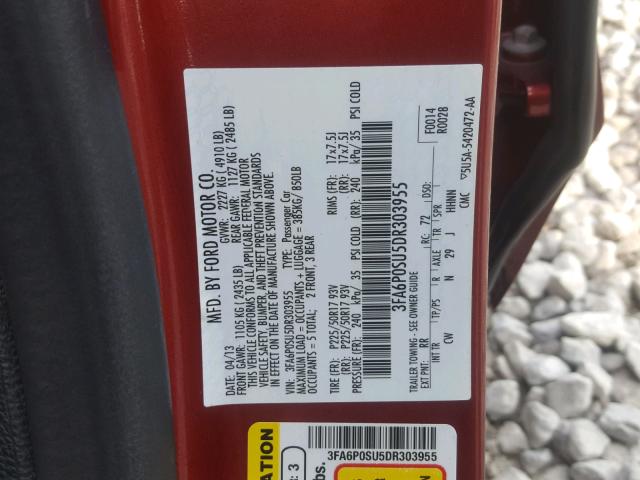 3FA6P0SU5DR303955 - 2013 FORD FUSION TIT RED photo 10