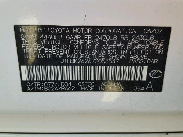 JTHBK262672053547 - 2007 LEXUS IS 250 WHITE photo 10