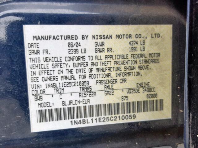 1N4BL11E25C210059 - 2005 NISSAN ALTIMA SE BLUE photo 10