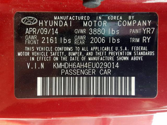 KMHDH6AH4EU029014 - 2014 HYUNDAI ELANTRA CO MAROON photo 10