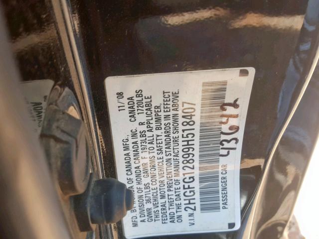 2HGFG12899H518407 - 2009 HONDA CIVIC EX BLACK photo 10