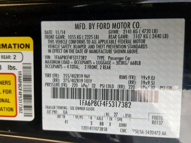 1FA6P8CF4F5317382 - 2015 FORD MUSTANG GT BLACK photo 10