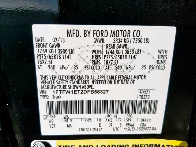 1FTFW1ET2DFB58327 - 2013 FORD F150 SUPER GREEN photo 10