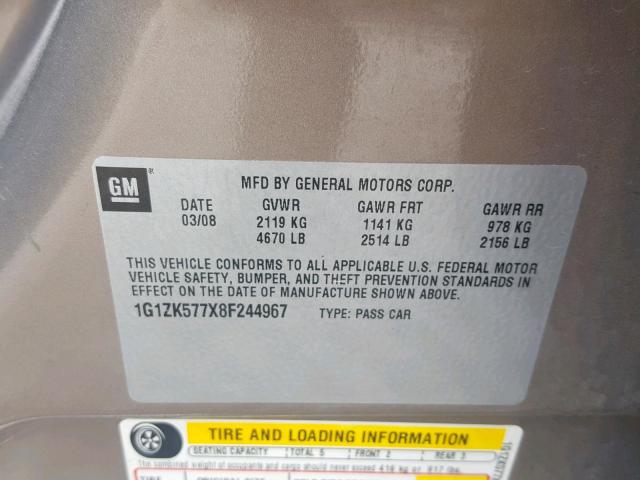 1G1ZK577X8F244967 - 2008 CHEVROLET MALIBU LTZ ყავისფერი ფოტო 10