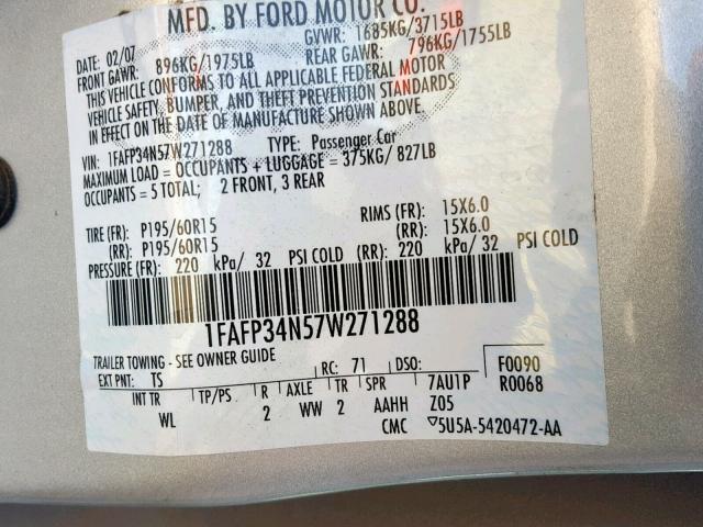 1FAFP34N57W271288 - 2007 FORD FOCUS ZX4 SILVER photo 10