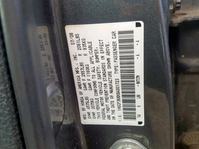 1HGCP368X9A001723 - 2009 HONDA ACCORD EXL GRAY photo 10