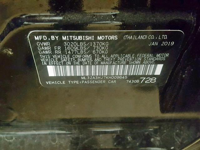 ML32A3HJ7KH009645 - 2019 MITSUBISHI MIRAGE ES BLACK photo 10