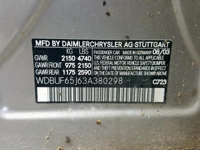 WDBUF65J63A380298 - 2003 MERCEDES-BENZ E 320 SILVER photo 10