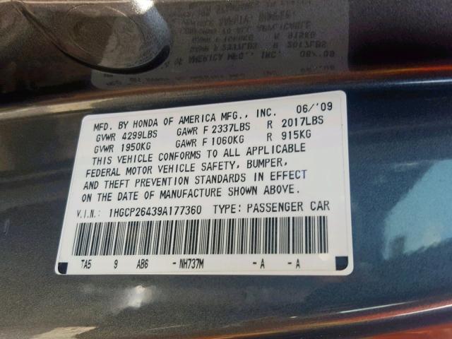 1HGCP26439A177360 - 2009 HONDA ACCORD LXP GRAY photo 10