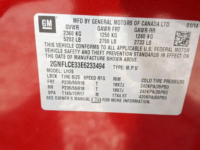 2GNFLCE33E6233494 - 2014 CHEVROLET EQUINOX LT RED photo 10