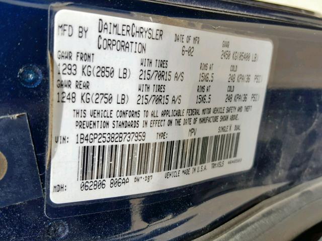 1B4GP25382B737959 - 2002 DODGE CARAVAN SE BLUE photo 10