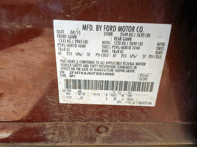 2FMTK4J83FBB34989 - 2015 FORD EDGE SEL BROWN photo 10