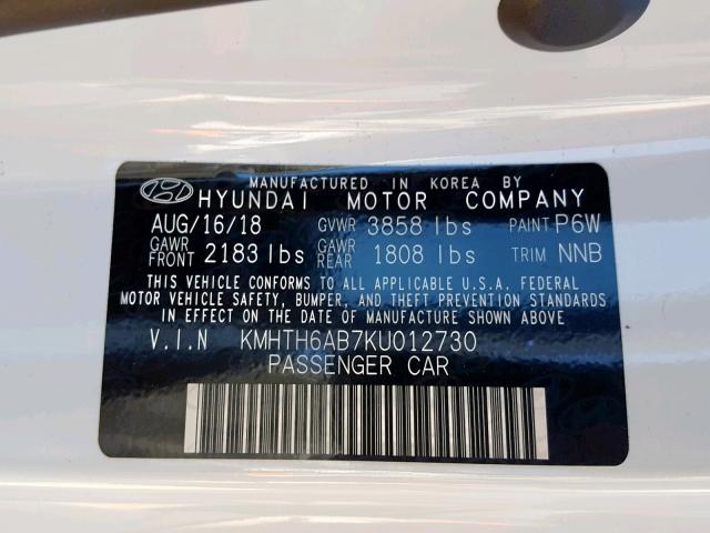 KMHTH6AB7KU012730 - 2019 HYUNDAI VELOSTER T WHITE photo 10