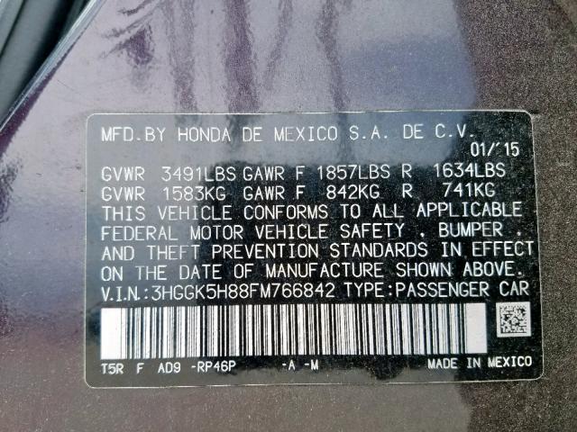 3HGGK5H88FM766842 - 2015 HONDA FIT EX PURPLE photo 10