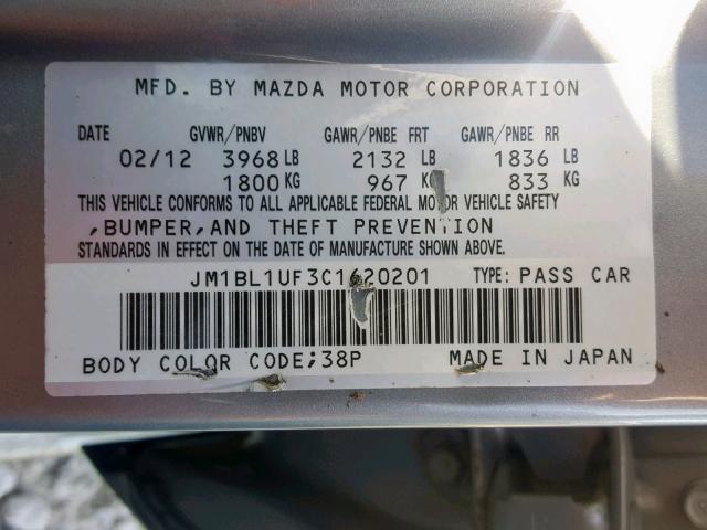 JM1BL1UF3C1620201 - 2012 MAZDA 3 I GRAY photo 10