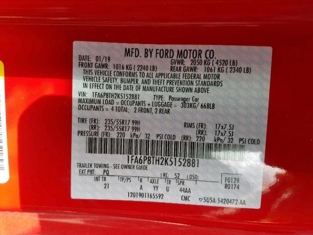1FA6P8TH2K5152881 - 2019 FORD MUSTANG RED photo 10