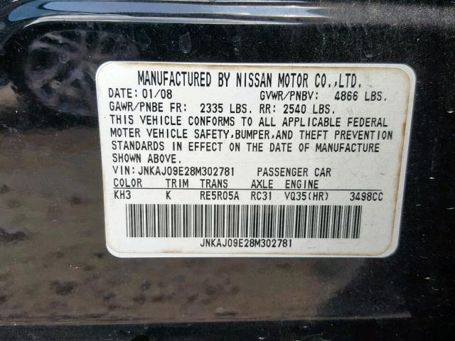 JNKAJ09E28M302781 - 2008 INFINITI EX35 BASE BLACK photo 10