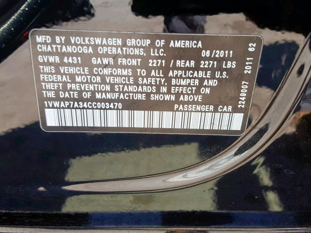 1VWAP7A34CC003470 - 2012 VOLKSWAGEN PASSAT S BLACK photo 10