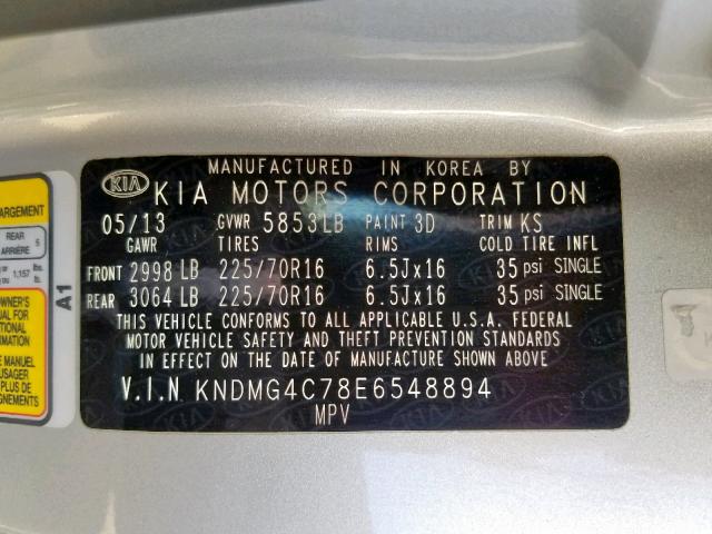 KNDMG4C78E6548894 - 2014 KIA SEDONA LX SILVER photo 10