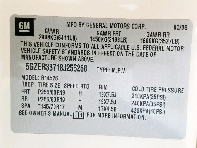 5GZER33718J256268 - 2008 SATURN OUTLOOK XR თეთრი ფოტო 10