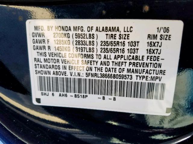 5FNRL38666B059573 - 2006 HONDA ODYSSEY EX BLUE photo 10