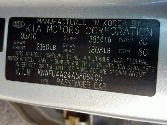 KNAFU4A24A5866405 - 2010 KIA FORTE EX SILVER photo 10