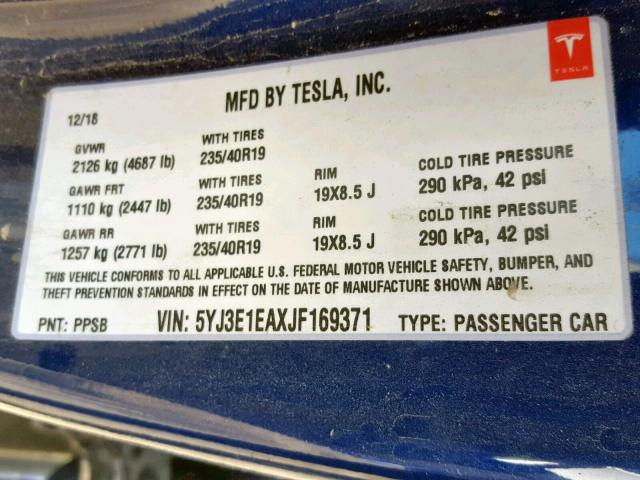 5YJ3E1EAXJF169371 - 2018 TESLA MODEL 3 BLUE photo 10