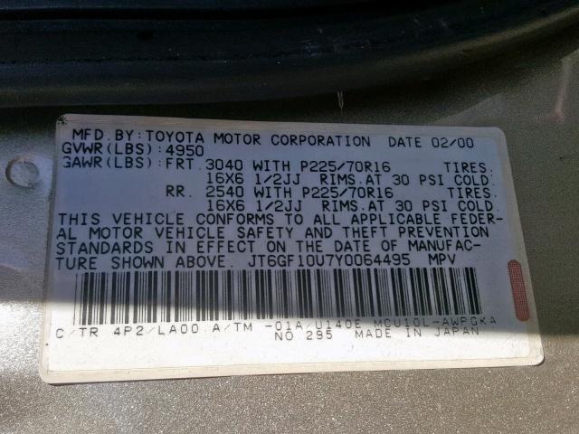 JT6GF10U7Y0064495 - 2000 LEXUS RX 300 GOLD photo 10