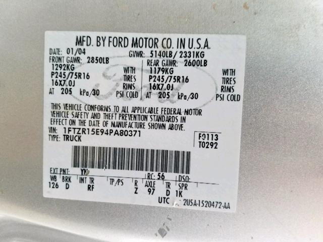 1FTZR15E94PA80371 - 2004 FORD RANGER SUP SILVER photo 10