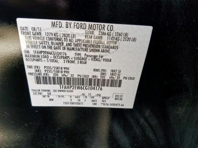 1FAHP2EW6CG104176 - 2012 FORD TAURUS SEL BLACK photo 10