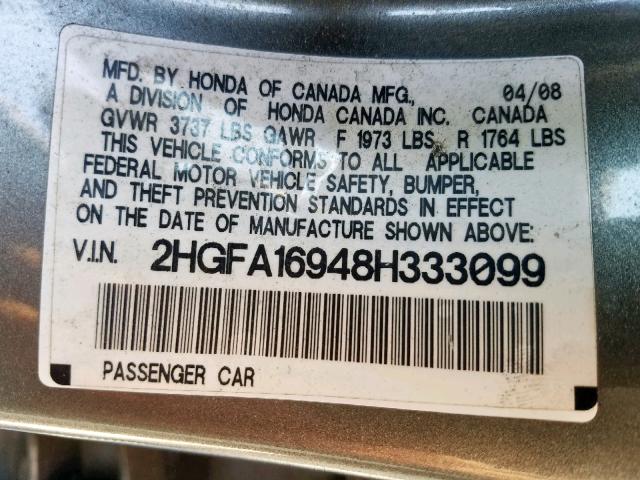 2HGFA16948H333099 - 2008 HONDA CIVIC EXL Qəhvəyi foto 10