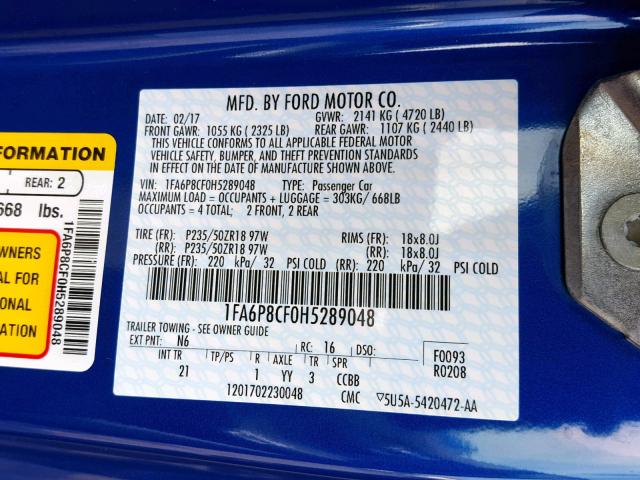 1FA6P8CF0H5289048 - 2017 FORD MUSTANG GT BLUE photo 10