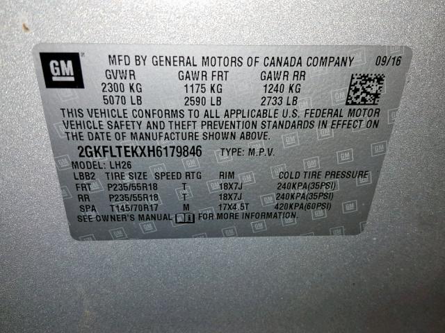 2GKFLTEKXH6179846 - 2017 GMC TERRAIN SL SILVER photo 10